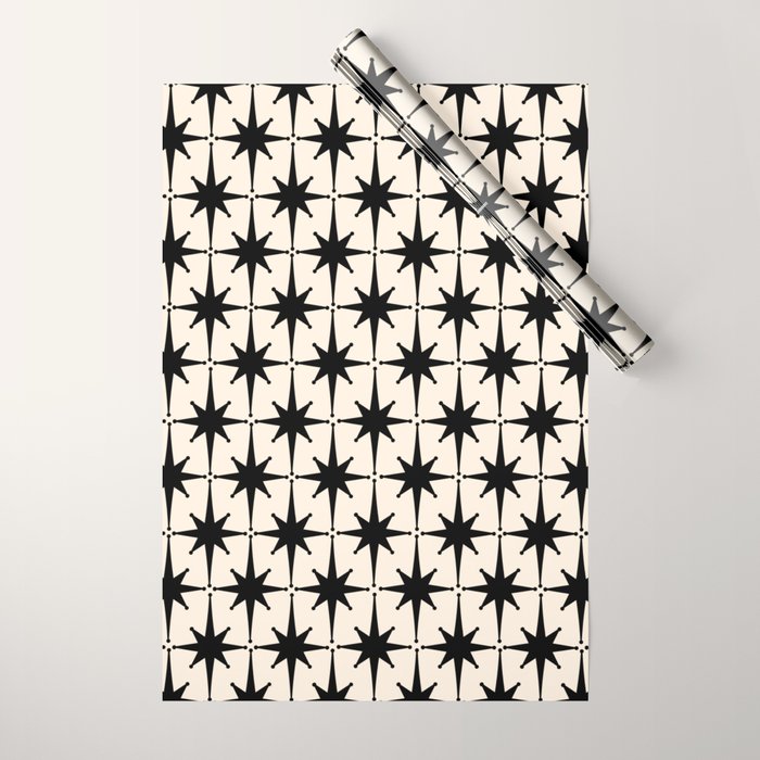 Midcentury Modern Atomic Age Starburst Pattern in Black and Almond Cream Wrapping Paper Gallery Image 1