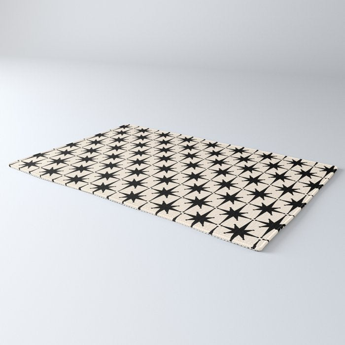 Midcentury Modern Atomic Age Starburst Pattern in Black and Almond Cream Rug Gallery Image 3