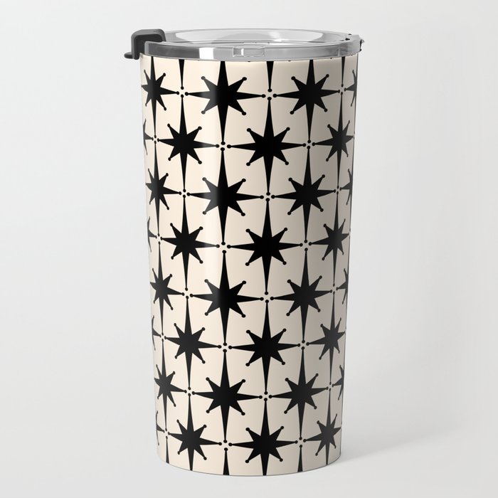 Midcentury Modern Atomic Age Starburst Pattern in Black and Almond Cream Travel Mug Gallery Image 3