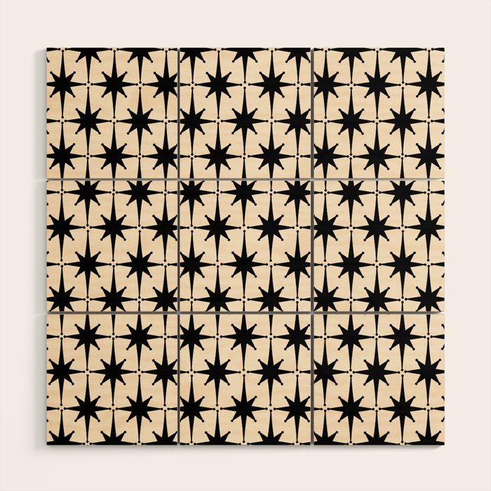 Midcentury Modern Atomic Age Starburst Pattern in Black and Almond Cream Wood Wall Art Gallery Image 1