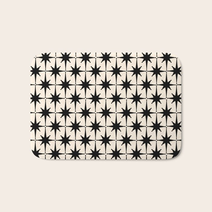 Midcentury Modern Atomic Age Starburst Pattern in Black and Almond Cream Bath Mat Gallery Image 1