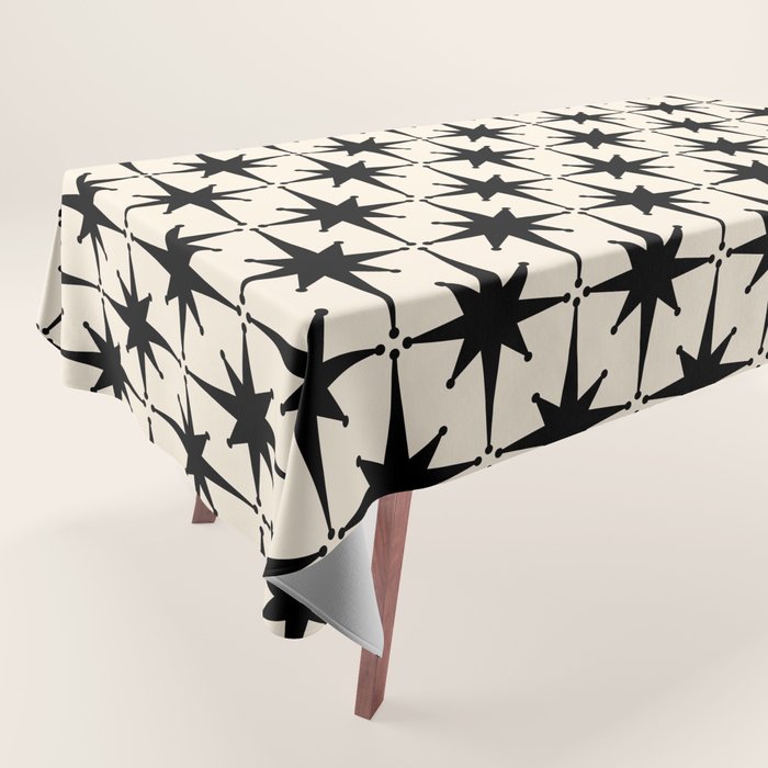 Midcentury Modern Atomic Age Starburst Pattern in Black and Almond Cream Tablecloth Gallery Image 1