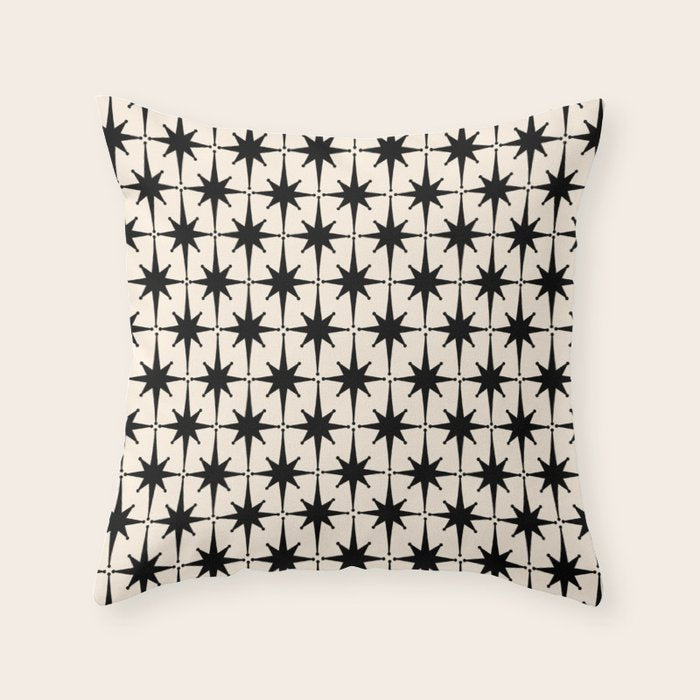 Midcentury Modern Atomic Age Starburst Pattern in Black and Almond Cream Throw Pillow Gallery Image 1