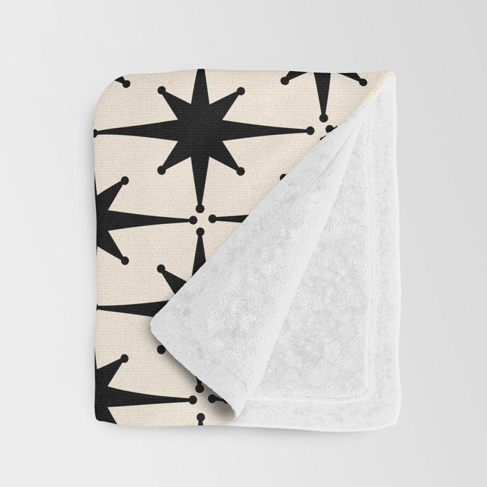 Midcentury Modern Atomic Age Starburst Pattern in Black and Almond Cream Throw Blanket Gallery Image 3