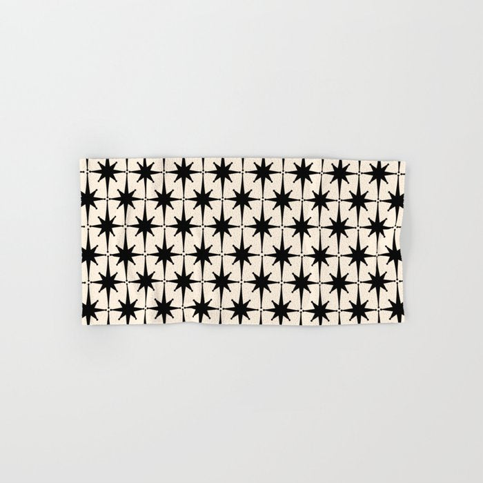 Midcentury Modern Atomic Age Starburst Pattern in Black and Almond Cream Bath Towel Gallery Image 1