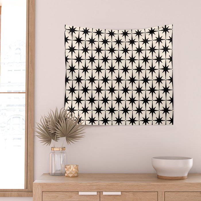 Midcentury Modern Atomic Age Starburst Pattern in Black and Almond Cream Wall Tapestry Gallery Image 2