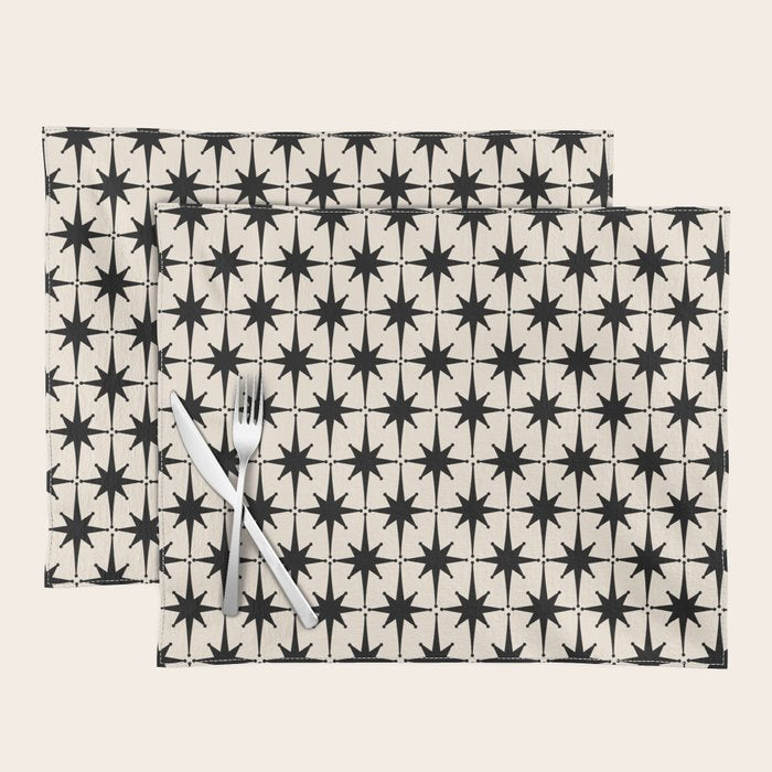 Midcentury Modern Atomic Age Starburst Pattern in Black and Almond Cream Placemat Gallery Image 1