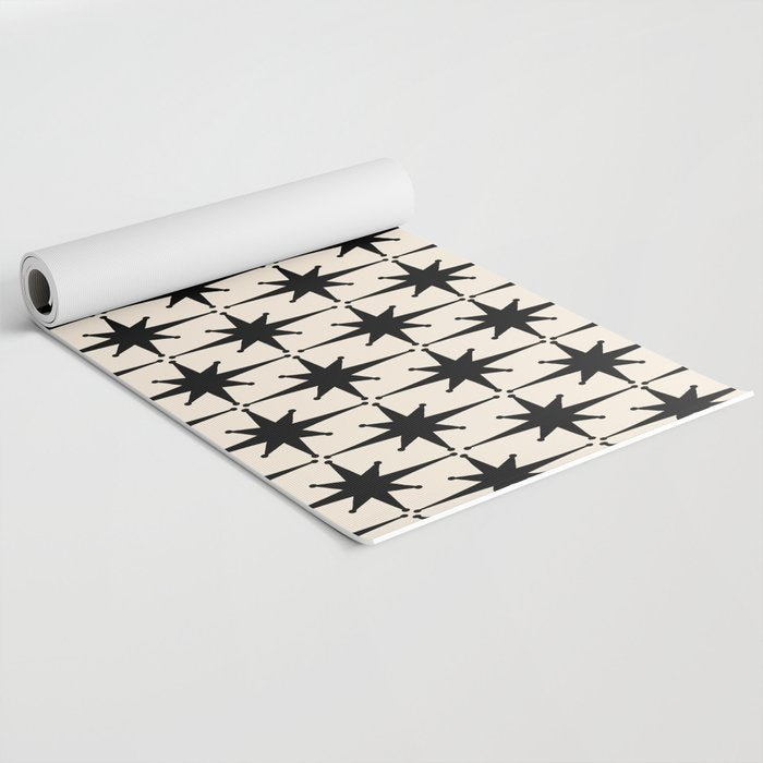 Midcentury Modern Atomic Age Starburst Pattern in Black and Almond Cream Yoga Mat Gallery Image 2
