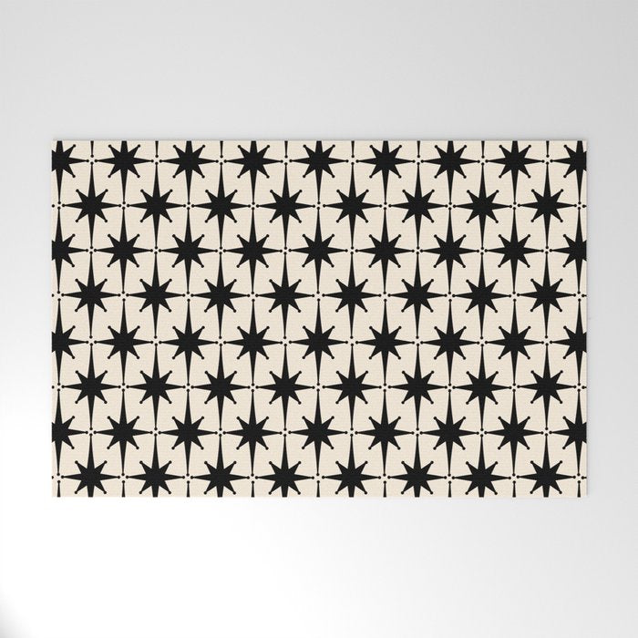 Midcentury Modern Atomic Age Starburst Pattern in Black and Almond Cream Welcome Mat Gallery Image 1
