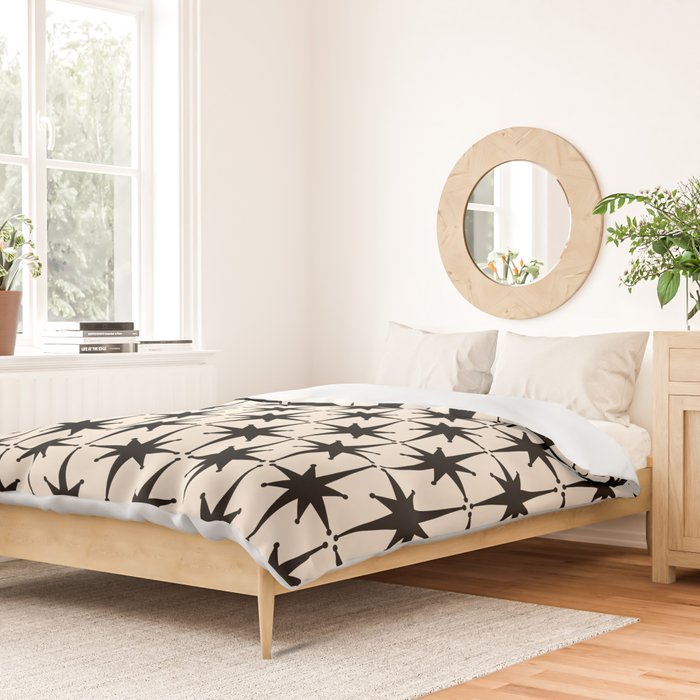 Midcentury Modern Atomic Age Starburst Pattern in Black and Almond Cream Duvet Cover Gallery Image 2
