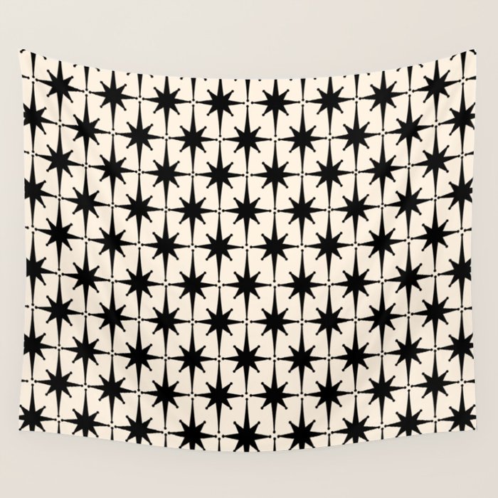 Midcentury Modern Atomic Age Starburst Pattern in Black and Almond Cream Wall Tapestry Gallery Image 4
