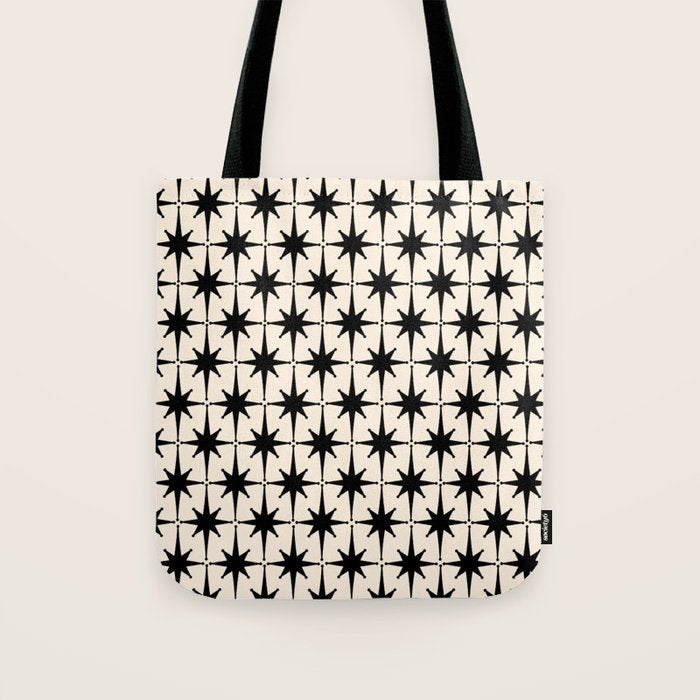 Midcentury Modern Atomic Age Starburst Pattern in Black and Almond Cream Tote Bag Gallery Image 1