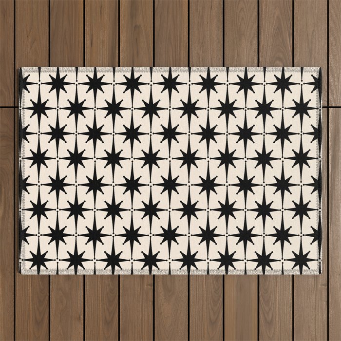Midcentury Modern Atomic Age Starburst Pattern in Black and Almond Cream Outdoor Rug Gallery Image 1