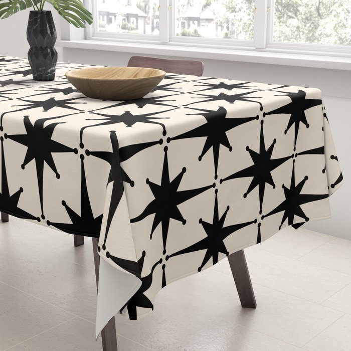 Midcentury Modern Atomic Age Starburst Pattern in Black and Almond Cream Tablecloth Gallery Image 3