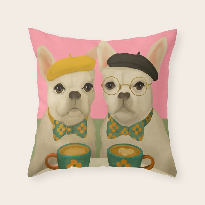 French Bulldogs at Breakfast Cafe Throw Pillow Gallery Image 1