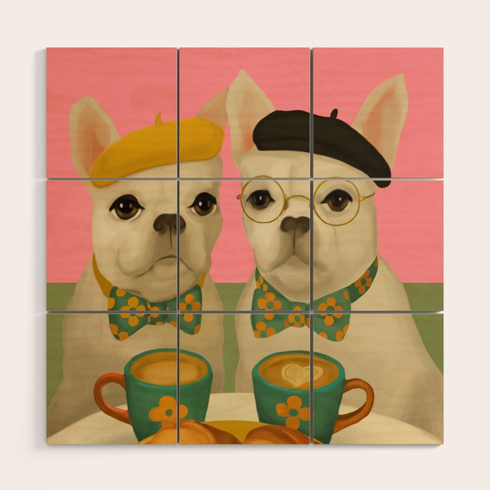 French Bulldogs at Breakfast Cafe Wood Wall Art Gallery Image 1