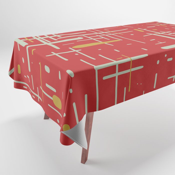 Mid-Century Modern Kinetikos Pattern in Retro Red Gold Celadon Tablecloth Gallery Image 1