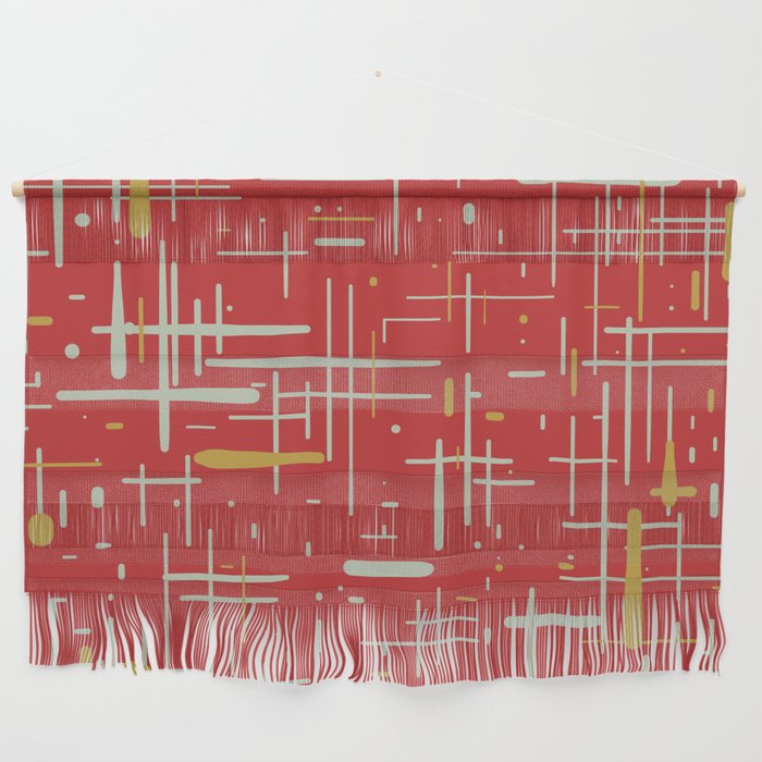 Mid-Century Modern Kinetikos Pattern in Retro Red Gold Celadon Wall Hanging Gallery Image 1