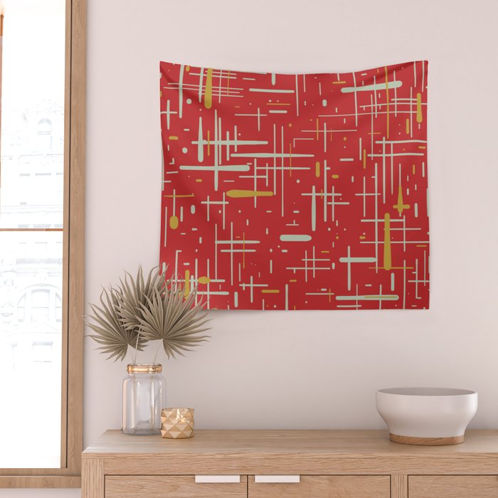 Mid-Century Modern Kinetikos Pattern in Retro Red Gold Celadon Wall Tapestry Gallery Image 2