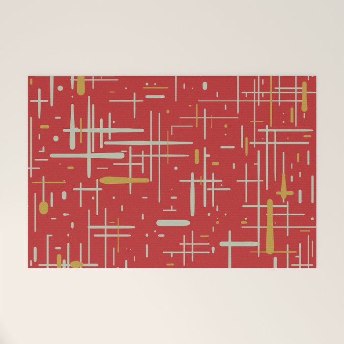 Mid-Century Modern Kinetikos Pattern in Retro Red Gold Celadon Welcome Mat Gallery Image 1