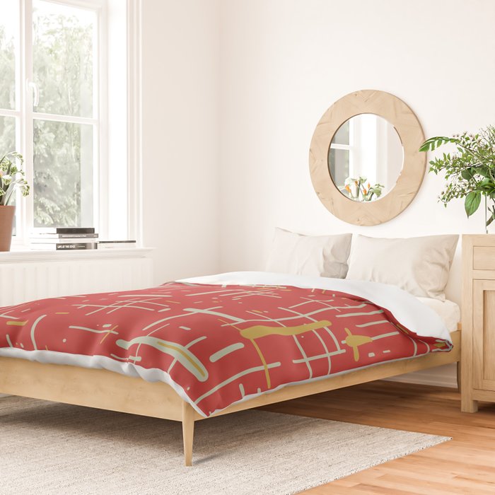 Mid-Century Modern Kinetikos Pattern in Retro Red Gold Celadon Duvet Cover Gallery Image 2