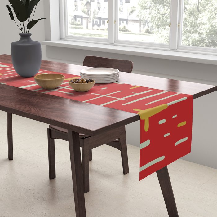Mid-Century Modern Kinetikos Pattern in Retro Red Gold Celadon Table Runner Gallery Image 2
