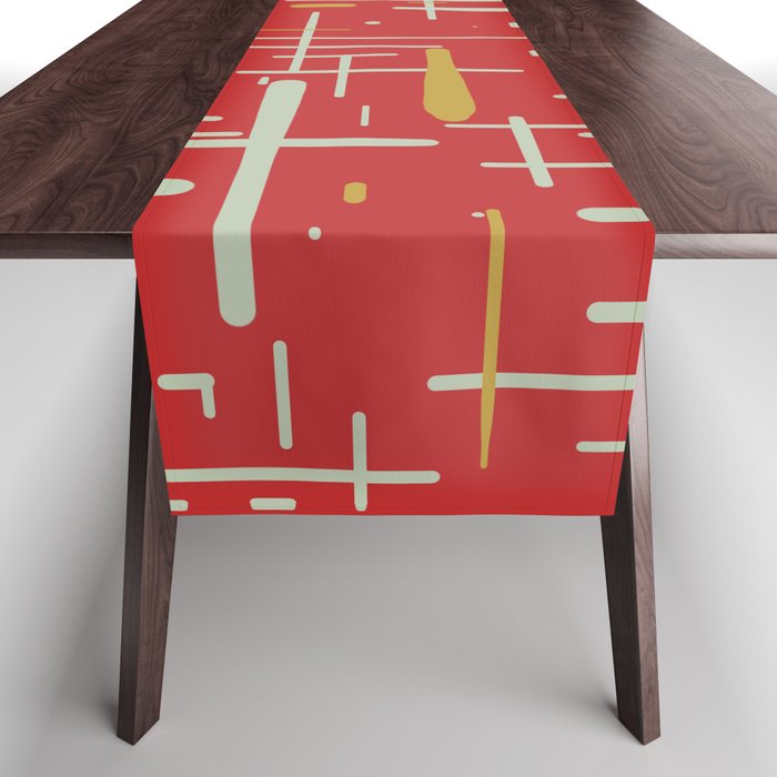 Mid-Century Modern Kinetikos Pattern in Retro Red Gold Celadon Table Runner Gallery Image 1