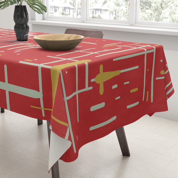 Mid-Century Modern Kinetikos Pattern in Retro Red Gold Celadon Tablecloth Gallery Image 3