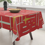 Mid-Century Modern Kinetikos Pattern in Retro Red Gold Celadon Tablecloth Gallery Image 3