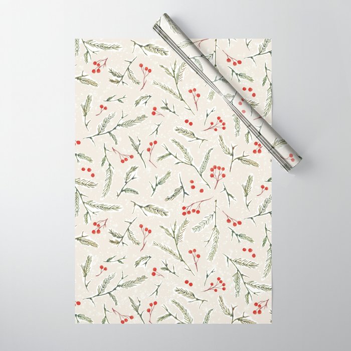 Christmas Pine and Berries Neutral Wrapping Paper Gallery Image 1
