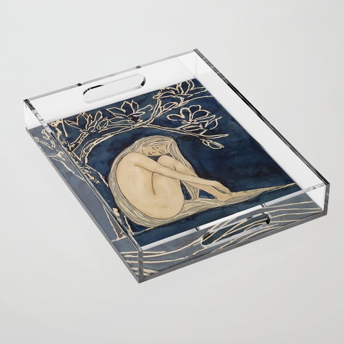 Girl sleeping under magnolia flowers Acrylic Tray Gallery Image 1