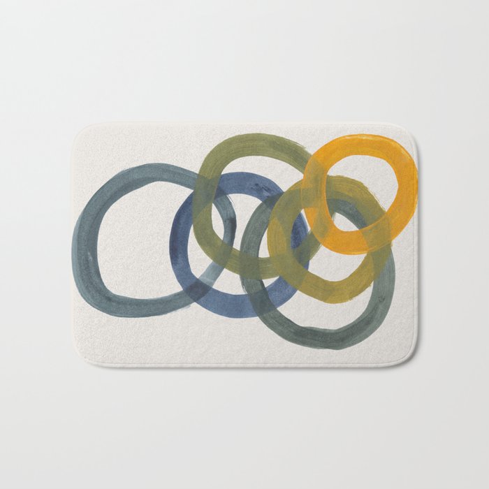 Minimalist Mid Century Modern Colorful Rings Navy Blue Yellow Olive Green Spirals by Ejaaz Haniff Bath Mat Gallery Image 1