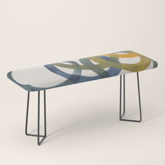 Minimalist Mid Century Modern Colorful Rings Navy Blue Yellow Olive Green Spirals by Ejaaz Haniff Bench Gallery Image 1