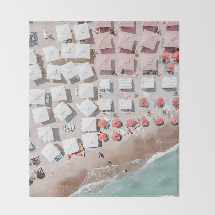 Aerial Beach Umbrellas Print, Coastal Beach Print, Aerial Photography, Ocean Waves Print, Sea Print, Modern Home Decor, Art Print Throw Blanket Gallery Image 2