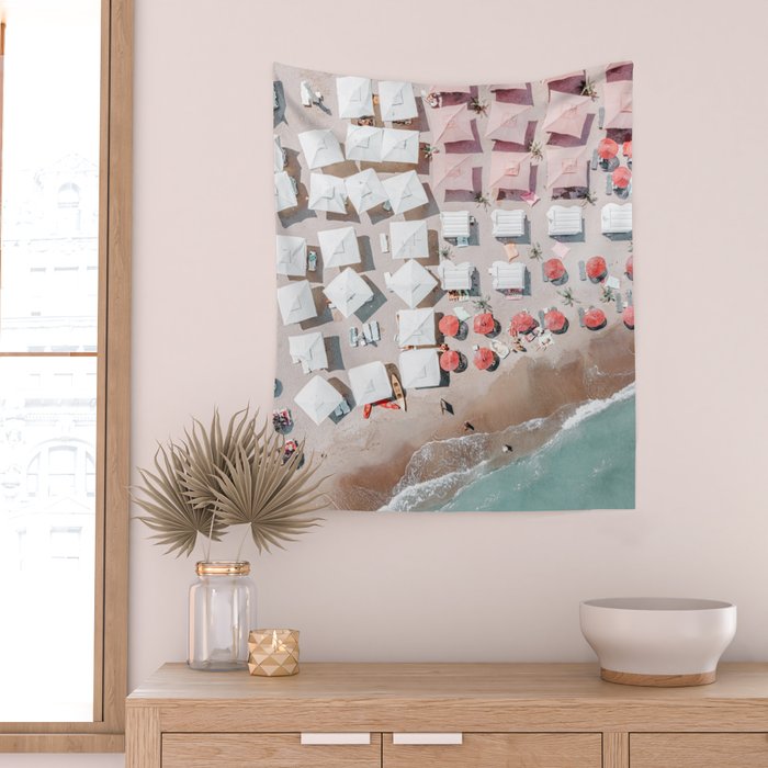 Aerial Beach Umbrellas Print, Coastal Beach Print, Aerial Photography, Ocean Waves Print, Sea Print, Modern Home Decor, Art Print Wall Tapestry Gallery Image 2