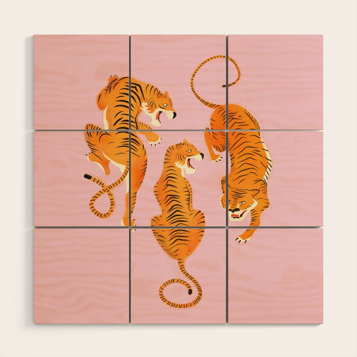 Three fierce tigers Wood Wall Art Gallery Image 1