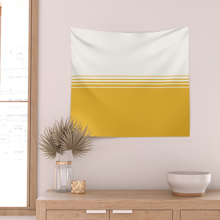 Retro Golden Yellow Minimalist Stripes Wall Tapestry Gallery Image 2