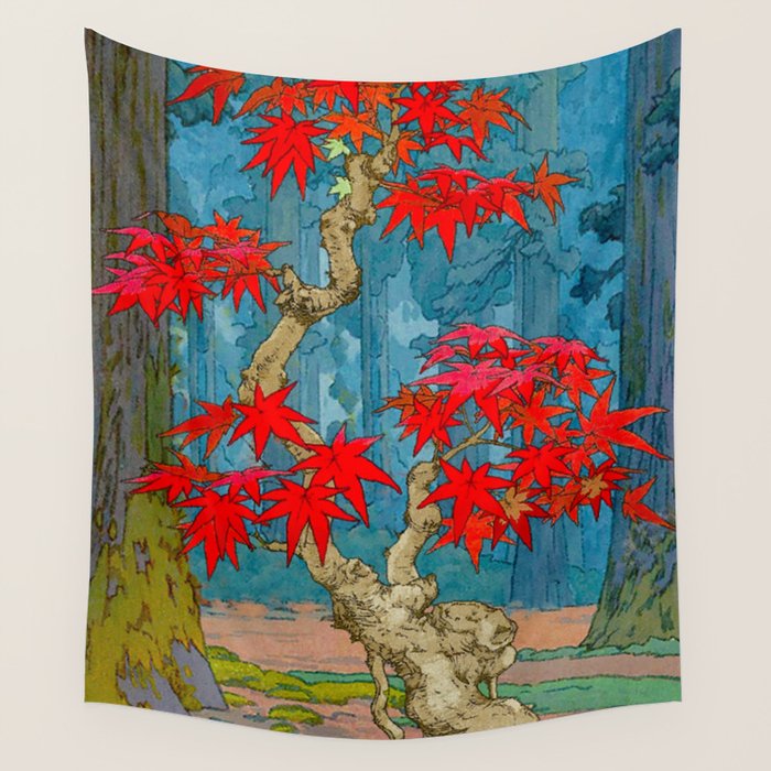 Nishigi's Goddess - Nature Ukiyo Landscape in Red, Green & Blue Wall Tapestry Gallery Image 4