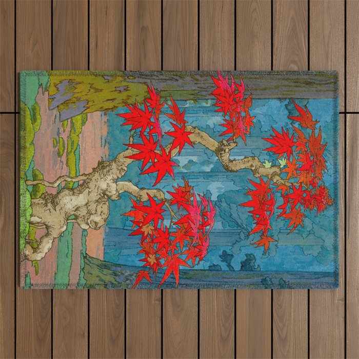Nishigi's Goddess - Nature Ukiyo Landscape in Red, Green & Blue Outdoor Rug Gallery Image 1