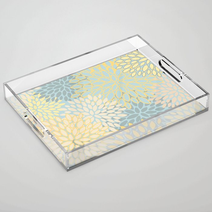 Elegant Blooms: Modern Floral Art in Soft Yellow and Teal Acrylic Tray Gallery Image 1