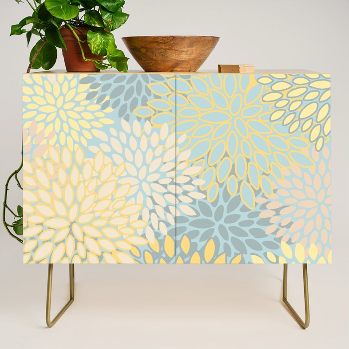 Elegant Blooms: Modern Floral Art in Soft Yellow and Teal Credenza Gallery Image 1