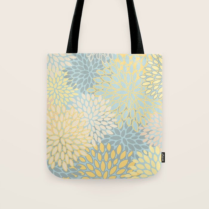 Elegant Blooms: Modern Floral Art in Soft Yellow and Teal Tote Bag Gallery Image 1