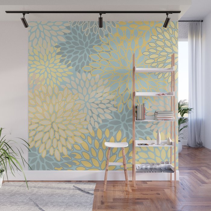 Elegant Blooms: Modern Floral Art in Soft Yellow and Teal Wall Mural Gallery Image 1