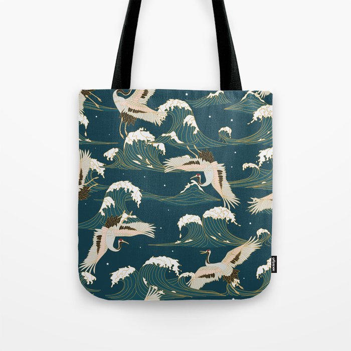 Japanese Crane Oriental Ocean Wave Pattern Tote Bag Gallery Image 1
