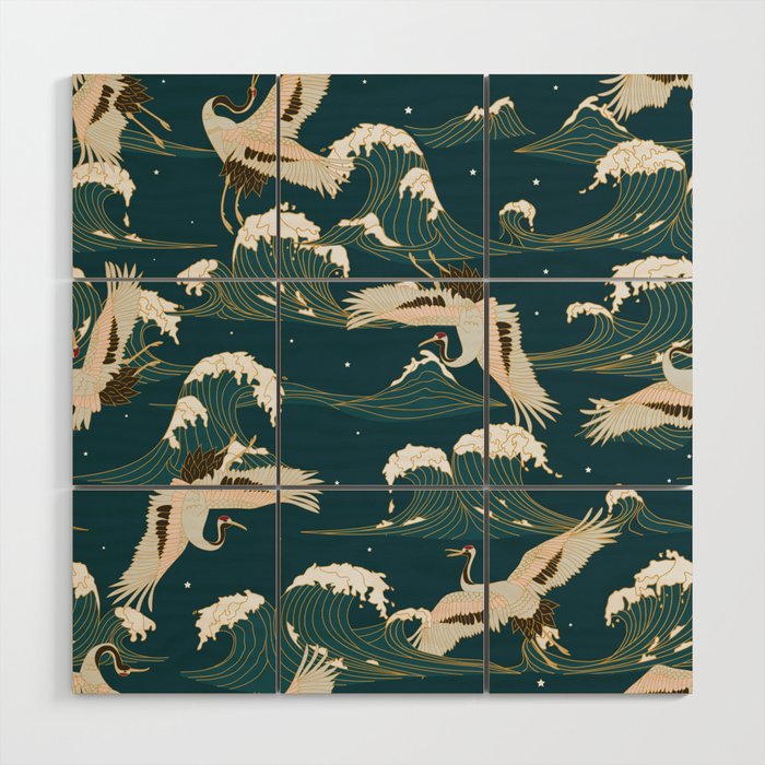 Japanese Crane Oriental Ocean Wave Pattern Wood Wall Art Gallery Image 1