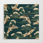 Japanese Crane Oriental Ocean Wave Pattern Wood Wall Art Gallery Image 1