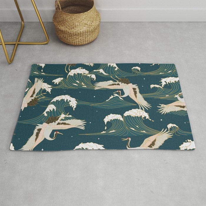 Japanese Crane Oriental Ocean Wave Pattern Rug Gallery Image 1