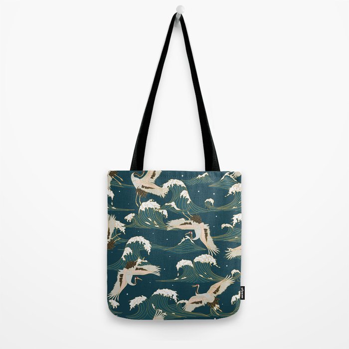 Japanese Crane Oriental Ocean Wave Pattern Tote Bag Gallery Image 2