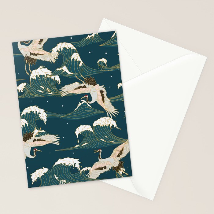 Japanese Crane Oriental Ocean Wave Pattern Stationery Card Gallery Image 2