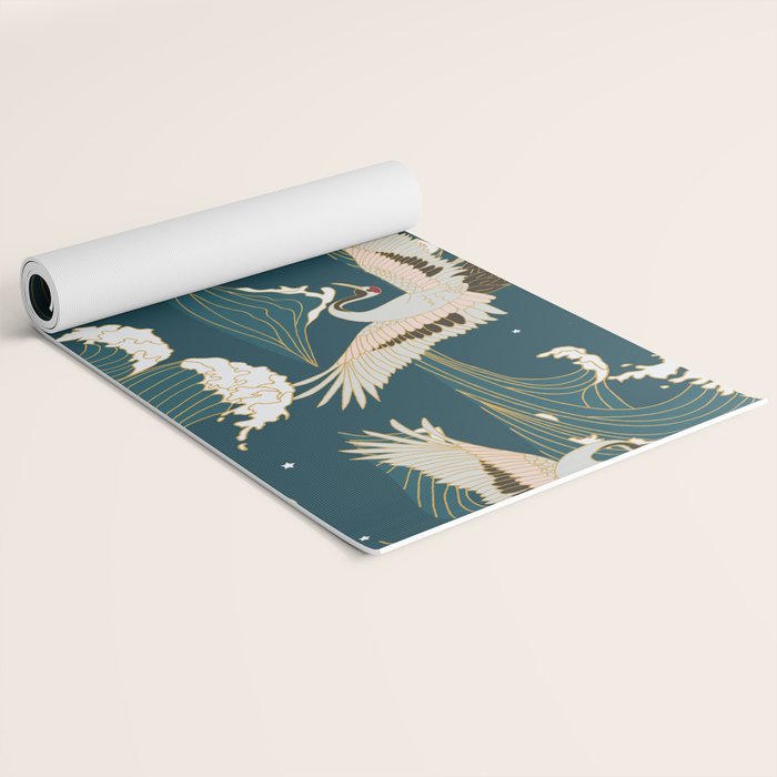 Japanese Crane Oriental Ocean Wave Pattern Yoga Mat Gallery Image 2
